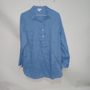 J.Jill  Popover Linen Blend Tunic Size Small Wash Blue Pockets Collared